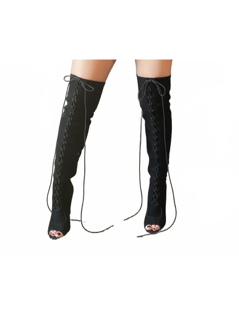 Black Suede Lace-Up Peep Toe Thigh High Boots with Stiletto